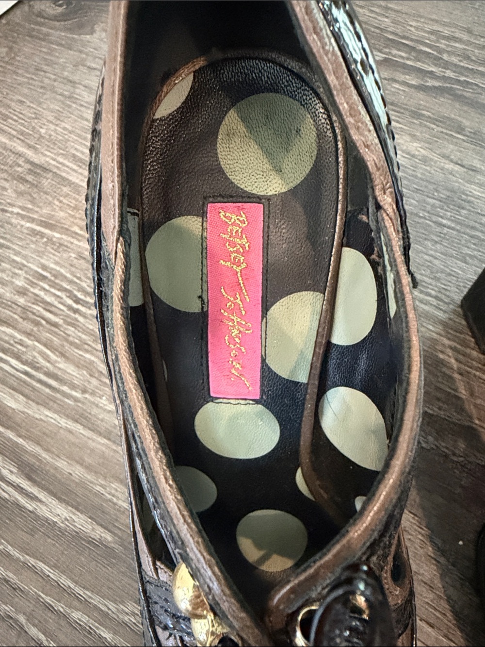 Betsey Johnson Black Patent & Brown Trim Lace-Up Heels - Picture 2 of 7